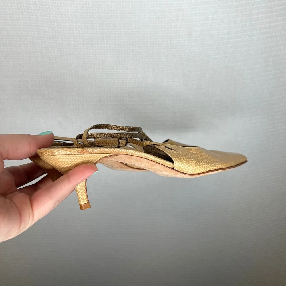 Pancaldi Tan Lizard Embossed Leather Slingback Kitten Heels Made in Italy 37 - Picture 4 of 7